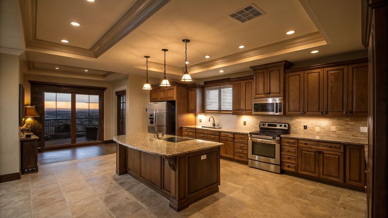 Immaculate apartment kitchen with stone island and wood cabinetry