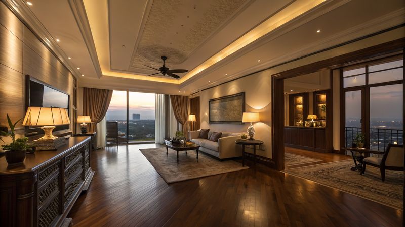 Spotless apartment living area in warm evening light