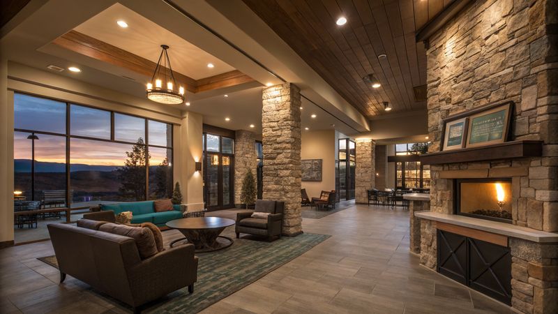 Clubhouse great room with stone fireplace and lounge seating