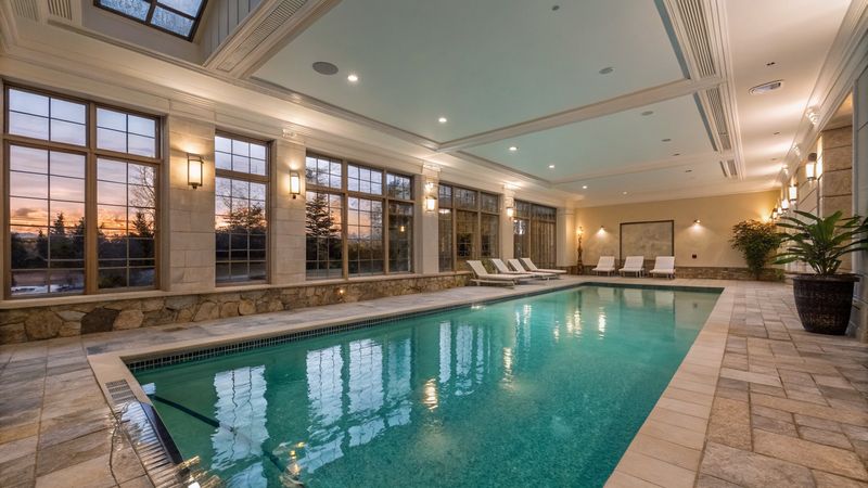 Indoor community pool house with lounge seating