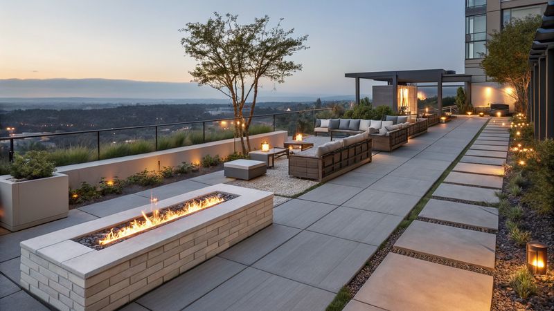 Outdoor amenity terrace with clean stone pavers and fire pit